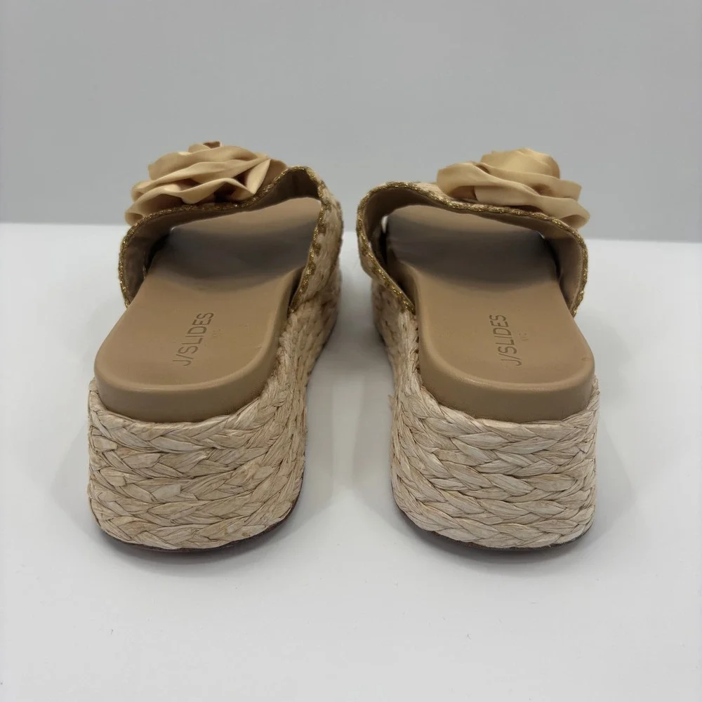 JSlides Tan Bree Rose Raffia Espadrille Platform Wedge Slide Sandals Womens 9